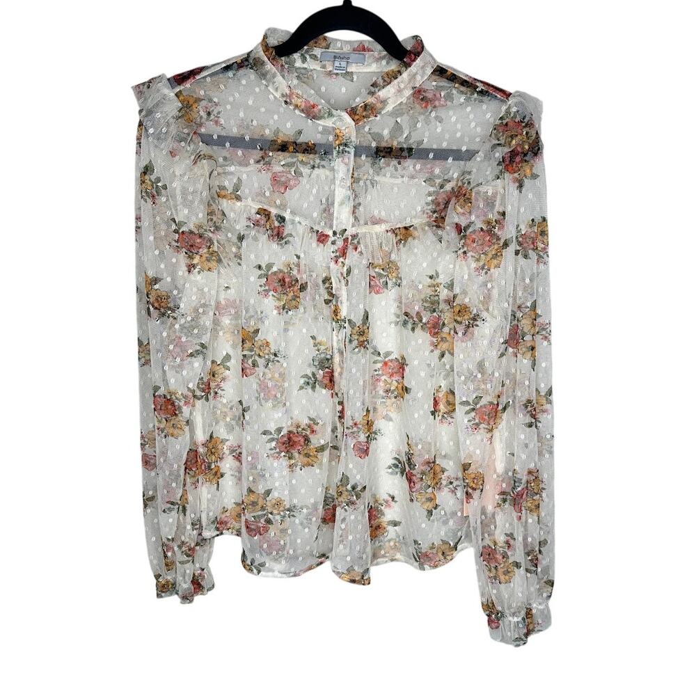 Blashe Floral Blouse L White Sheer Ruffle Swiss Dot Pink Long Sleeve Boho NWT